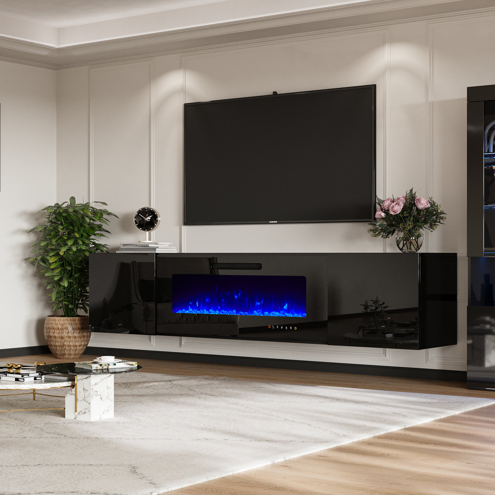 Bhhatu HighGloss Wall Mounted Floating Fireplace TV Stand Wade Logan Color Black Overall Entertainment Center Width Side to Side 80